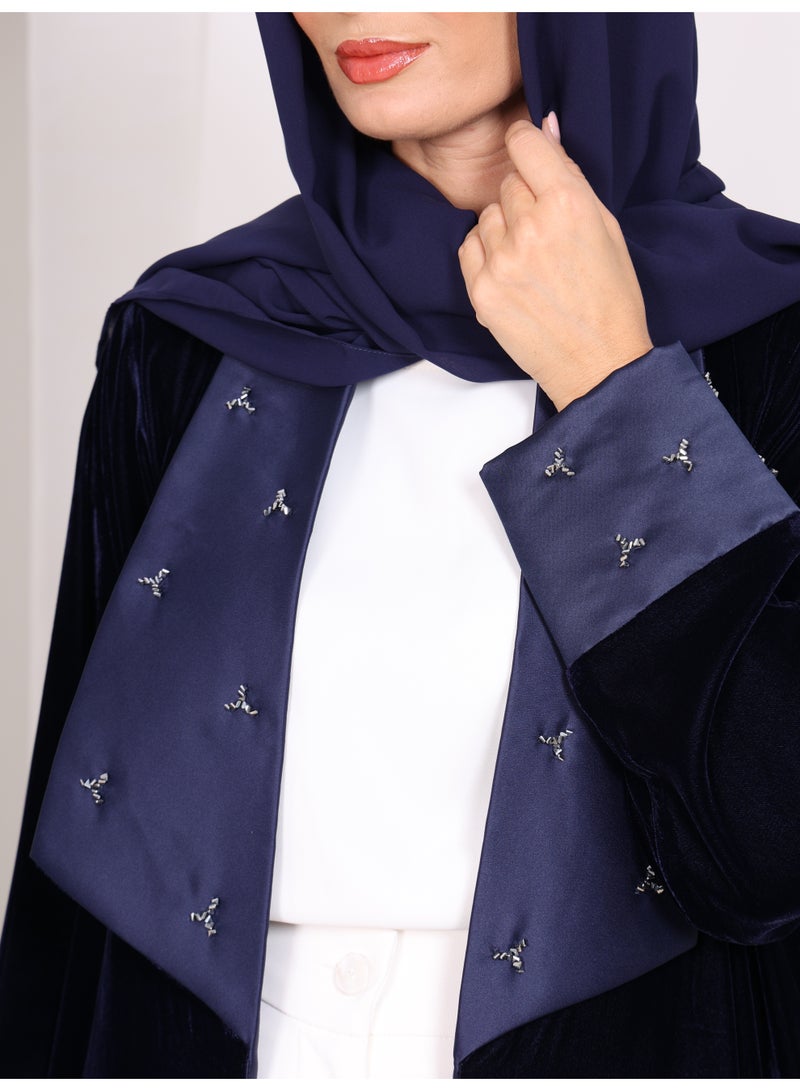 Royal Vision Navy Blue Velvet Embellished Abaya with Matching Scarf - Image 5